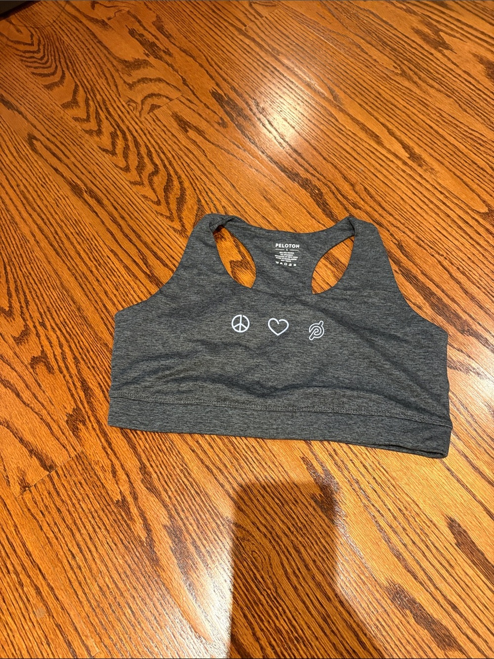 Peloton Charcoal Gray Racerback Sports Bra with White Icons